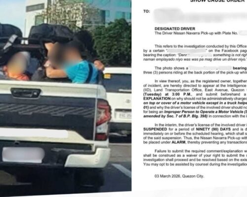 LTO calls out gov’t vehicle for having passengers on pick-up bed