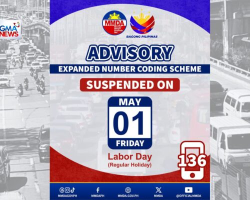 MMDA suspends number coding on May 1, 2026 for Labor Day