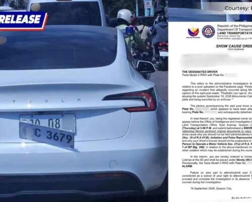 LTO summons Tesla owner, driver over unauthorized plate used ‘for a shoot’
